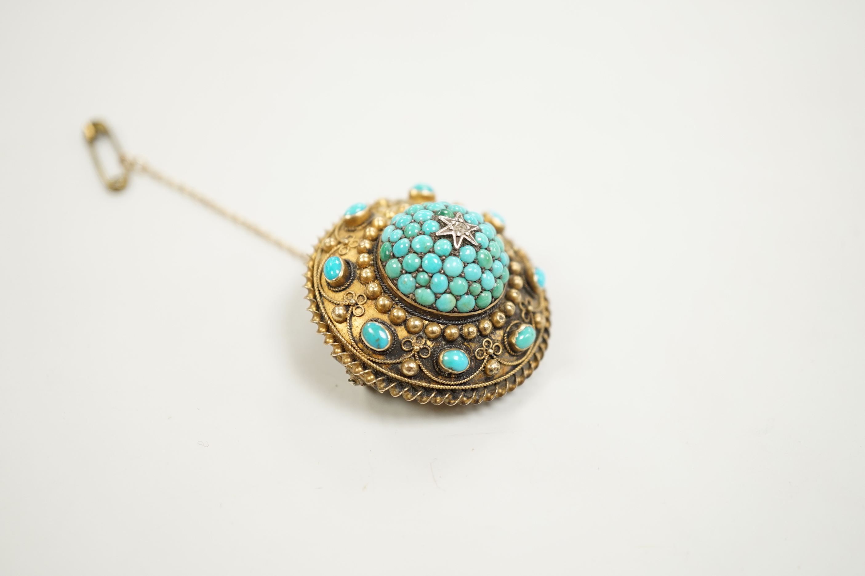 A Victorian yellow metal, turquoise and diamond cluster set domed brooch, 35mm, gross weight 15.2 grams.